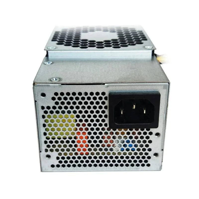 Compact TFX power supply unit in matte black metal casing with rear fan grille and cable bundle