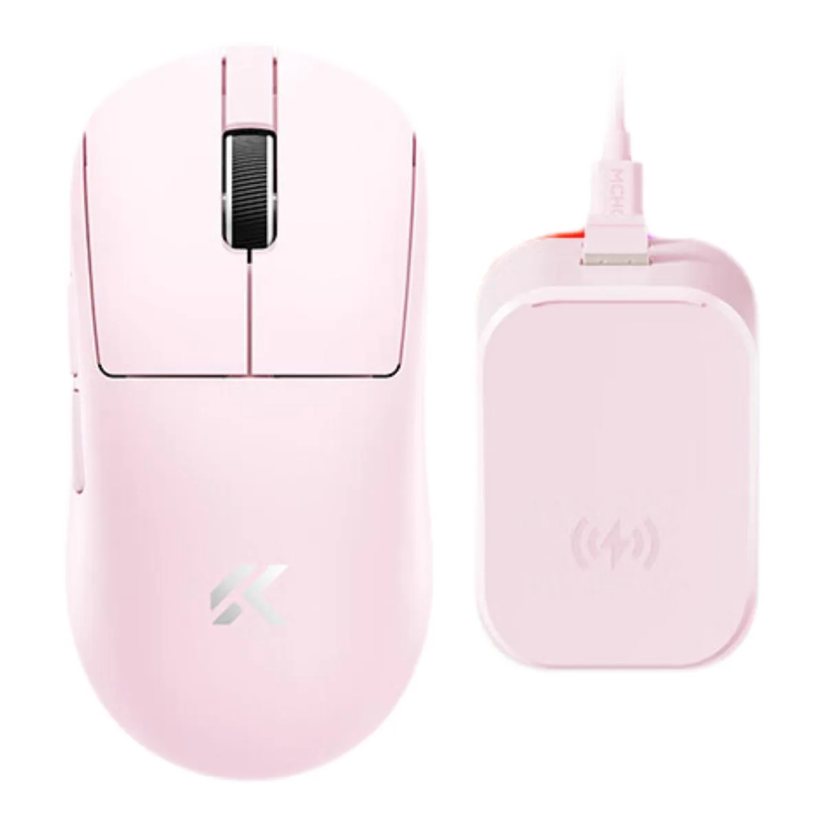 Pink ultra-lightweight gaming mouse, 59g, symmetrical shape, matte finish, RGB lighting visible
