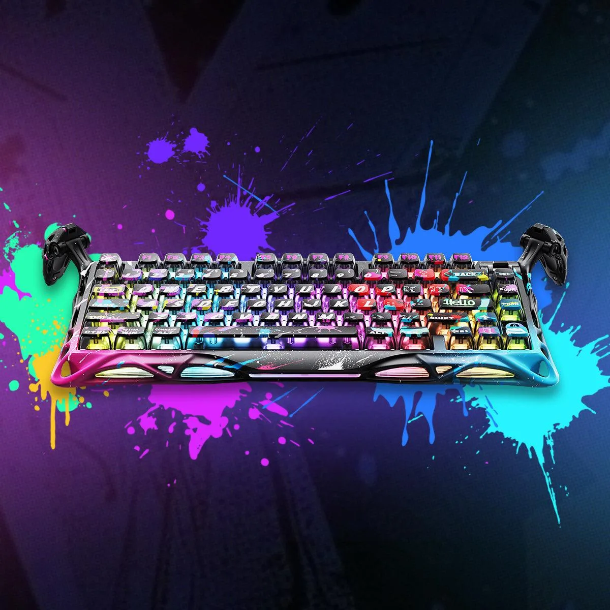 Compact 75% gaming keyboard with neon graffiti finish and aluminum frame