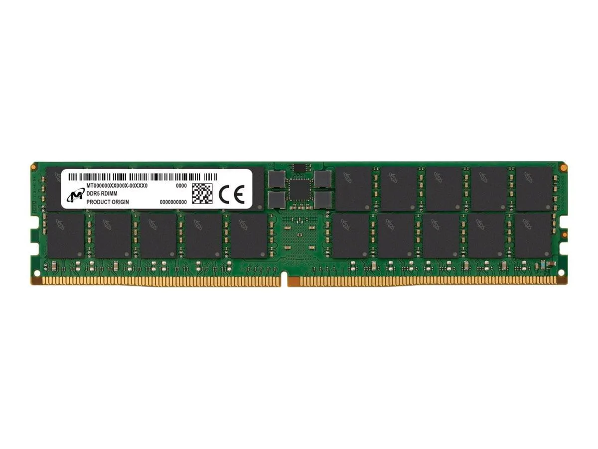 Green rectangular server memory module with gold edge connector and black chips
