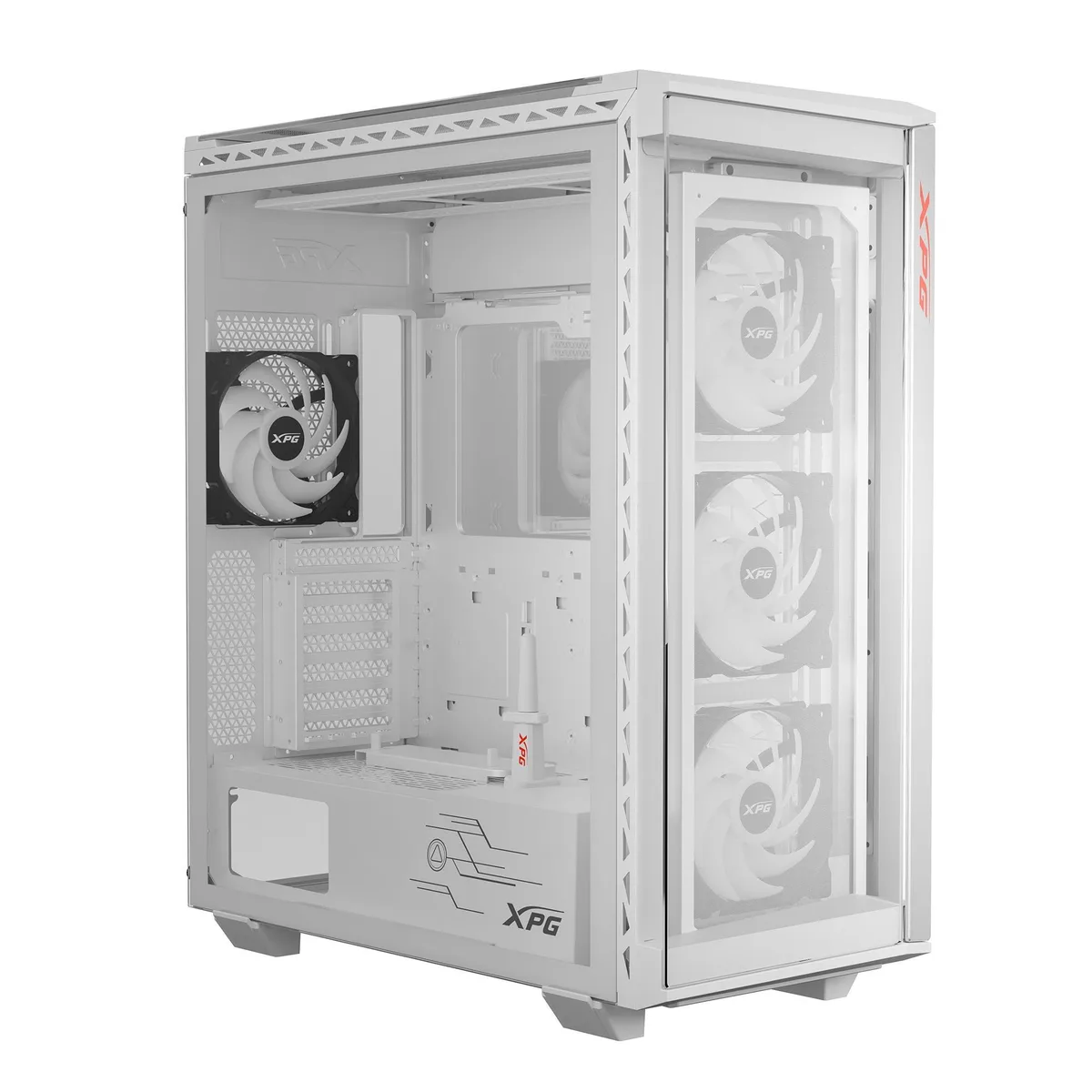 White mid-tower ATX case with tempered glass side panel and exoskeleton frame