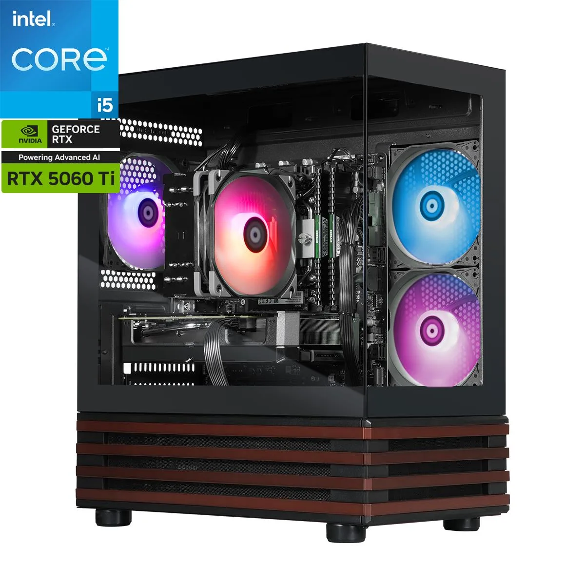 Black mid-tower desktop with front ARGB lighting and mesh panel
