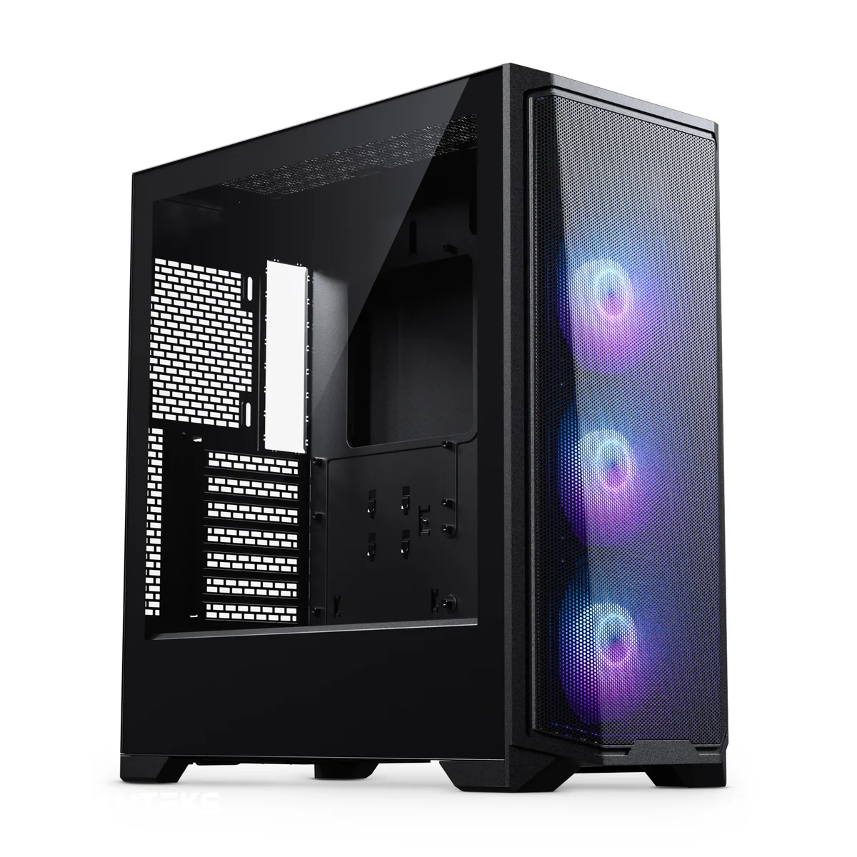Black mid-tower case with mesh front panel, tempered glass side panel, three pre-installed 120mm D-RGB fans visible through the mesh