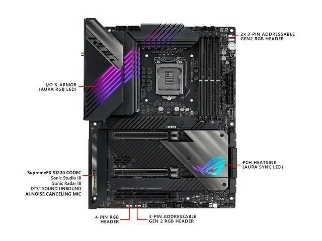 Black ATX motherboard with silver heatsinks and RGB lighting