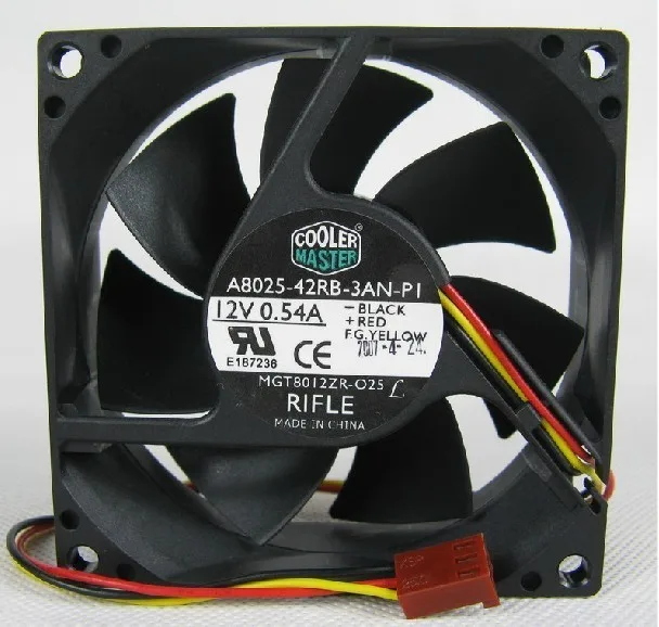 Black square 80mm cooling fan with three-wire connector