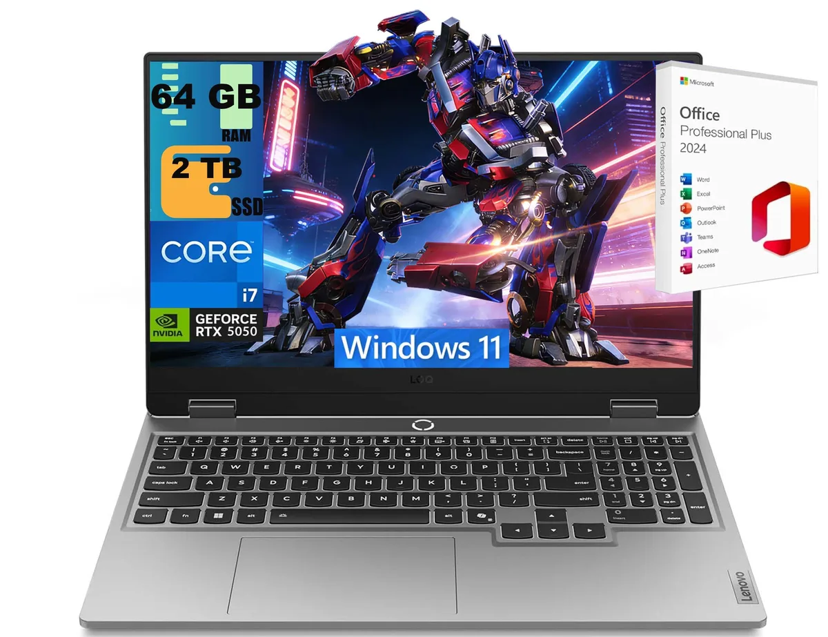 Gray Lenovo LOQ 15 gaming laptop, 15.6 inch matte screen, slim rectangular chassis, backlit keyboard visible