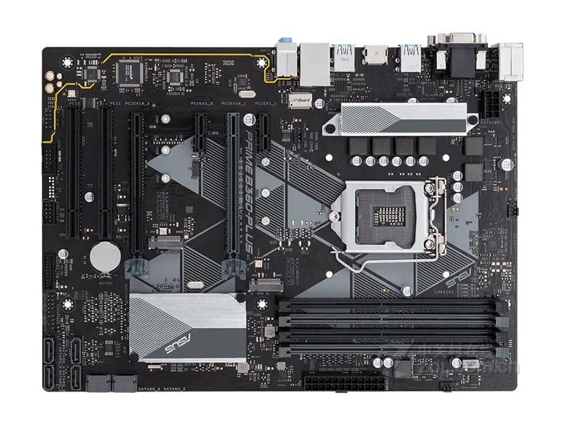 ATX motherboard with black PCB, silver heatsinks, LGA 1151 socket, DDR4 slots, SATA ports, rear I/O shield included