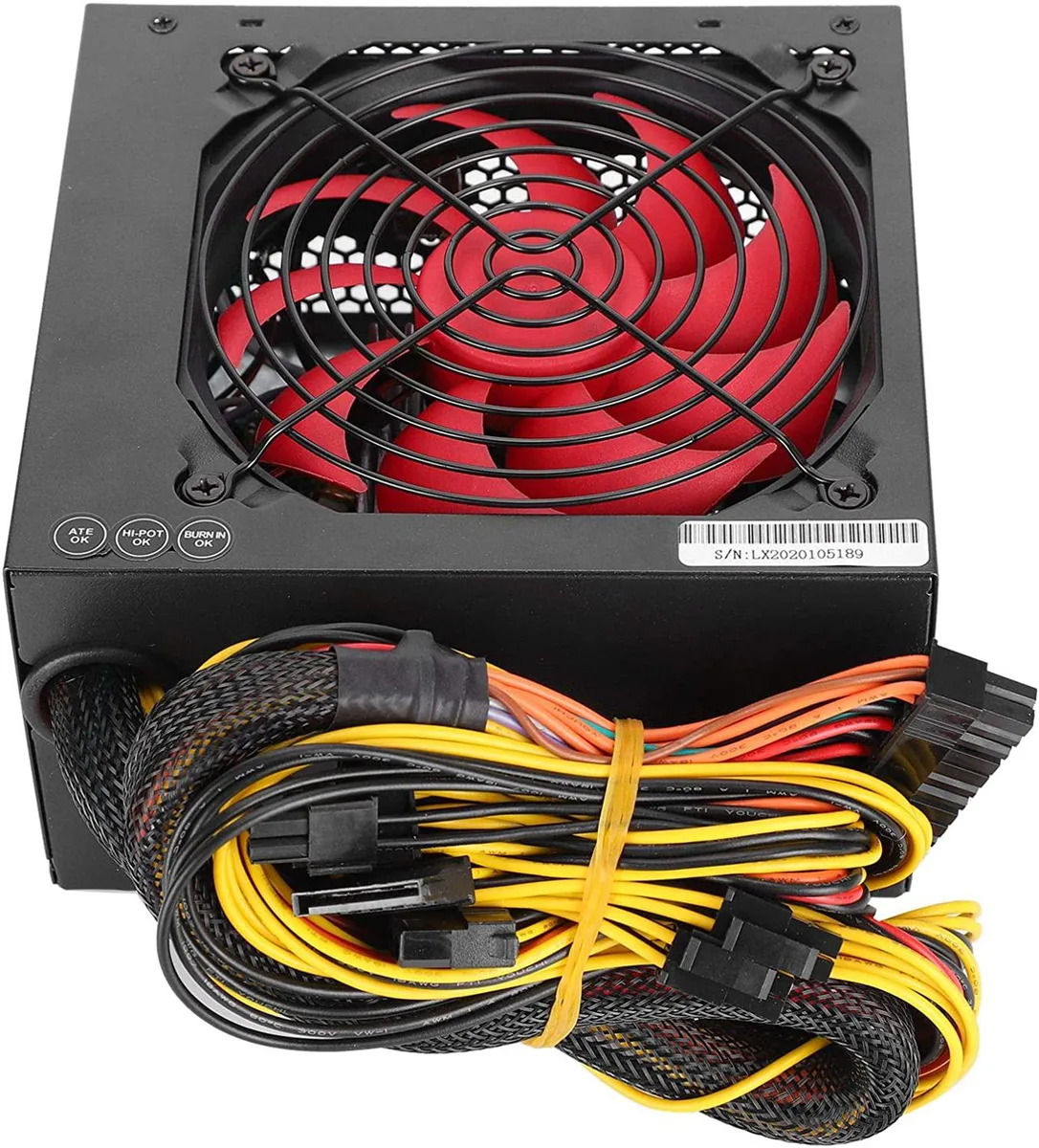 Rectangular ATX power supply unit, matte metal finish, 12cm fan visible on rear grille
