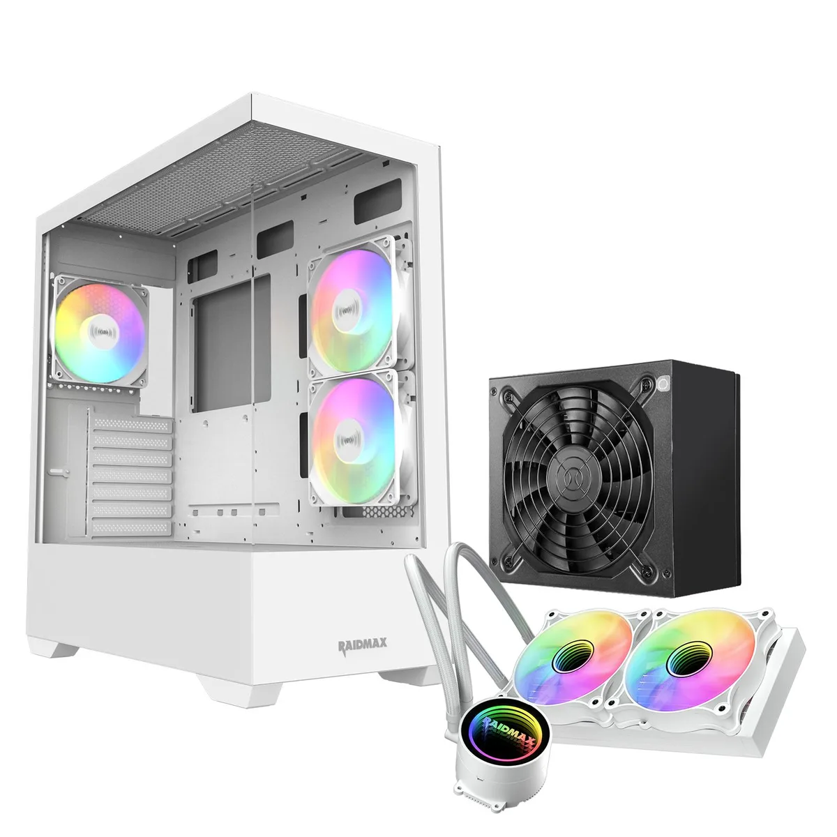 Raidmax Raidmax I801 ATX PC case white bundle 3 ARGB fans 700W PSU 240mm liquid cooler 400mm GPU support — product photo