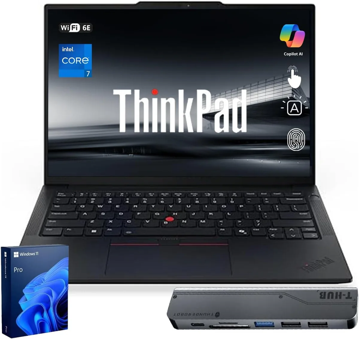 Black 14-inch ThinkPad T14 laptop with 7-in-1 USB-C hub