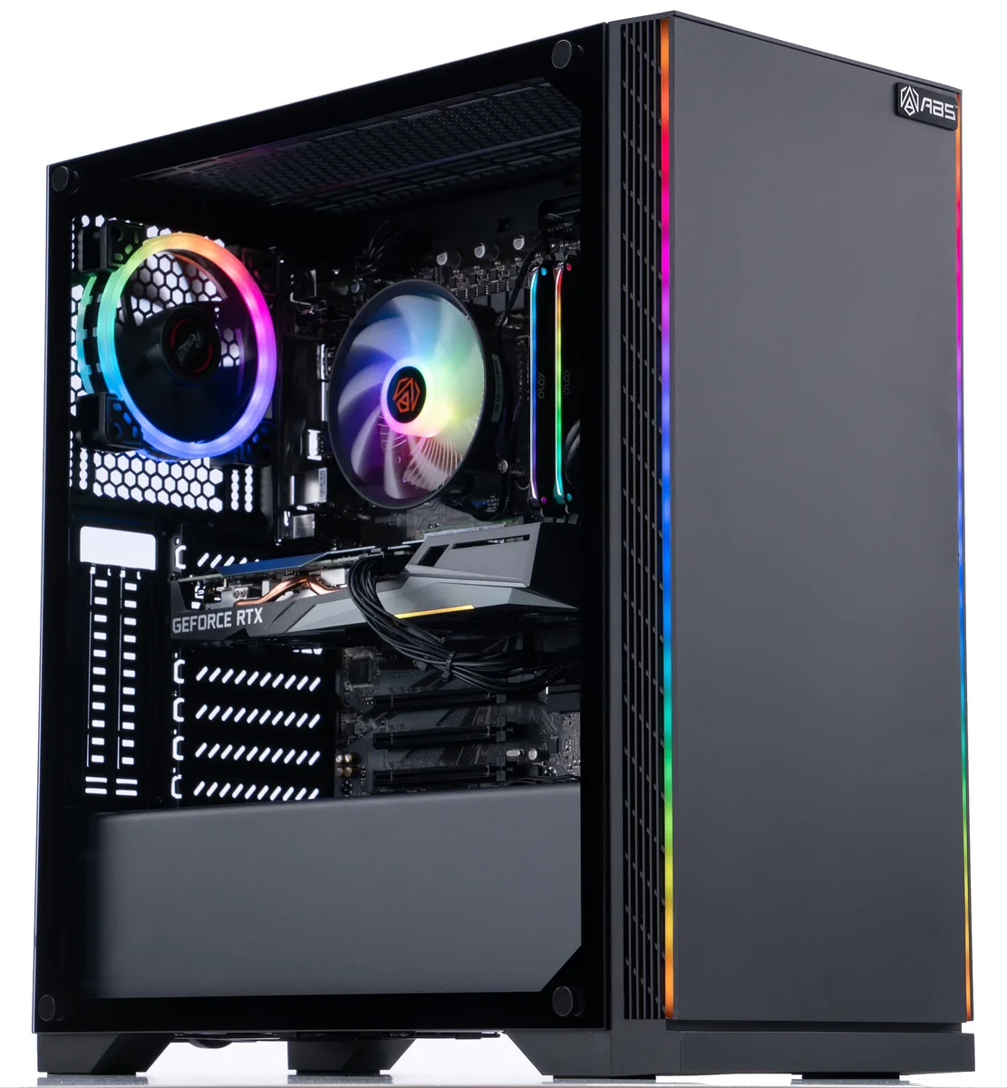 Black mid-tower gaming desktop with RGB front panel and side window
