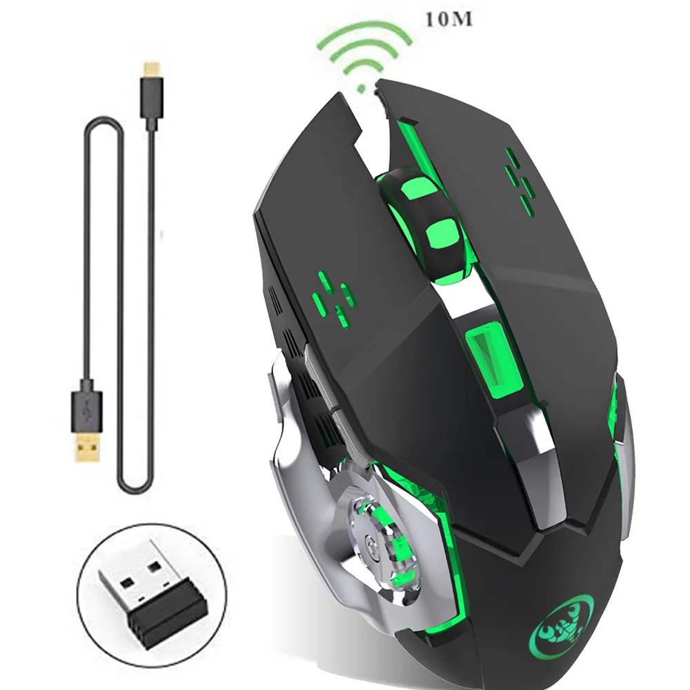 Black wireless gaming mouse with seven-colour backlighting, ergonomic ABS shape, USB receiver and charging cable