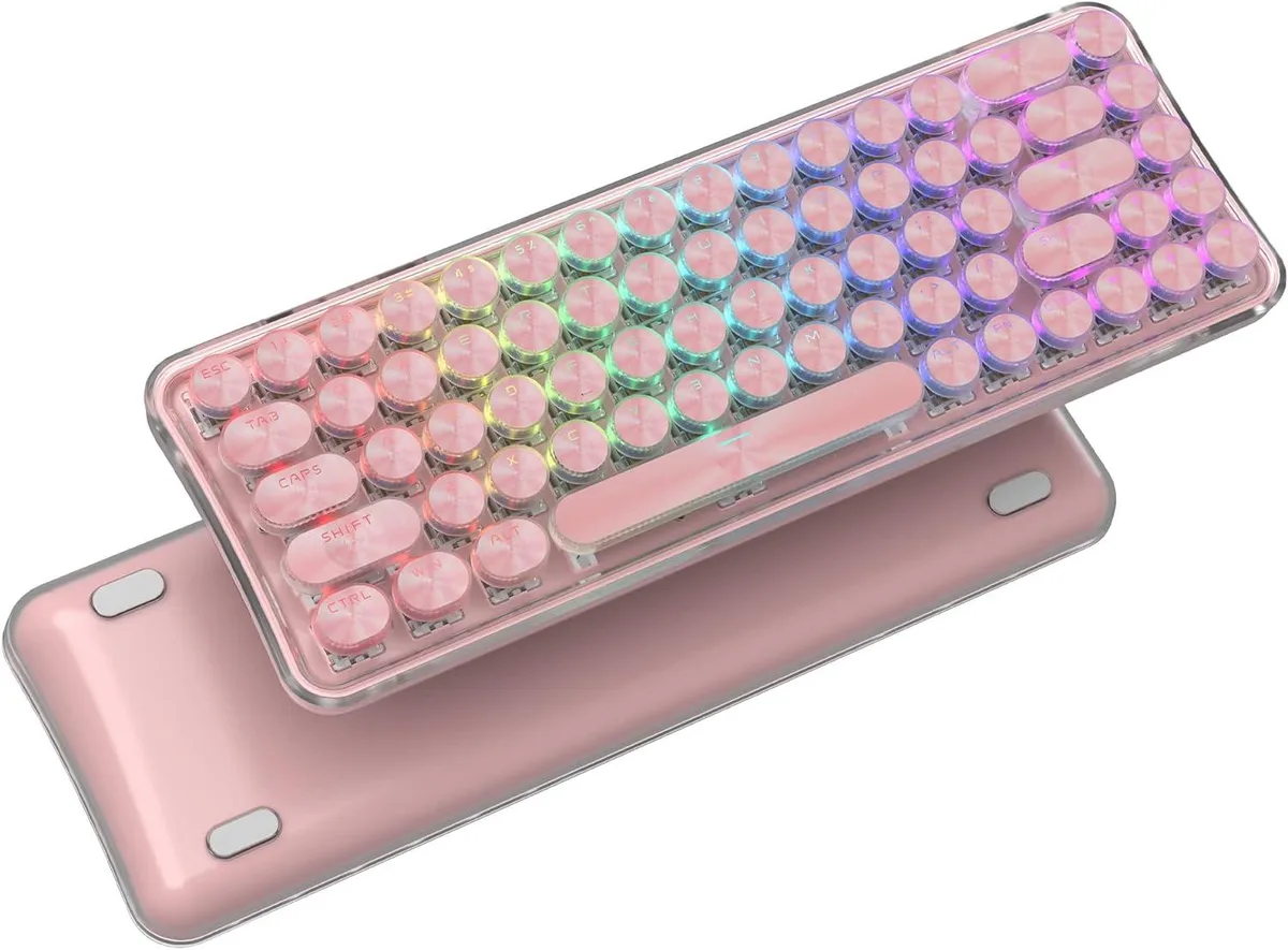 Pink 65% wireless mechanical keyboard with round keycaps and RGB backlighting