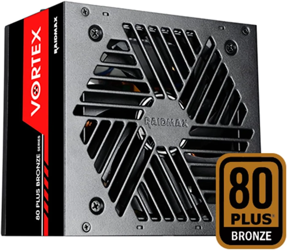 Black rectangular ATX power supply unit with fixed cables and a 120 mm fan
