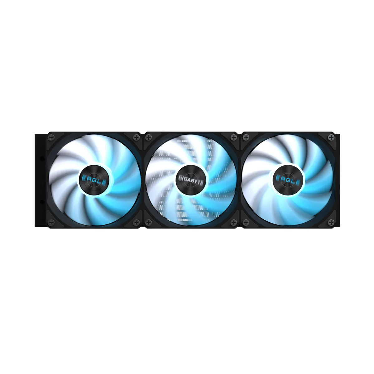 Black 360mm AIO liquid cooler with three 120mm PWM fans and RGB water block