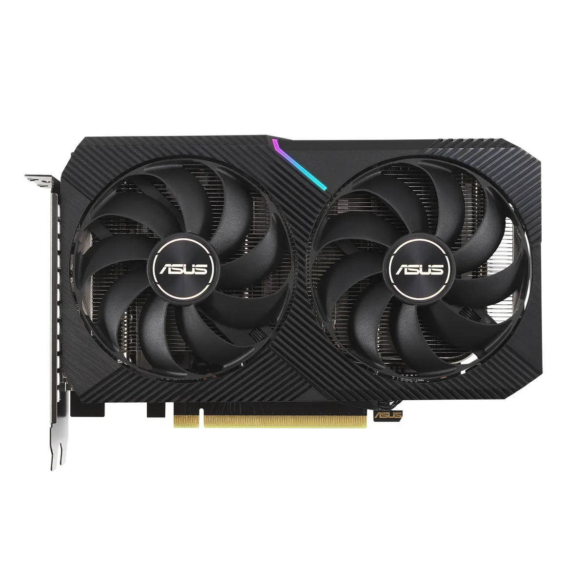 Black dual-slot graphics card with two axial fans and a silver backplate