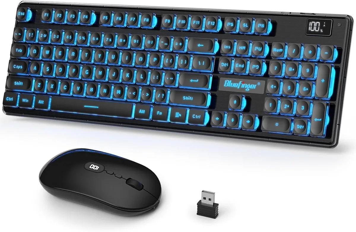 BlueFinger full-size wireless keyboard and mouse set with battery percentage display, black finish