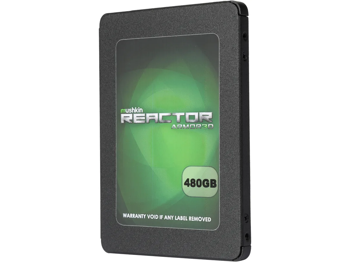 Black 2.5 inch SATA internal SSD with silver label, 480GB capacity