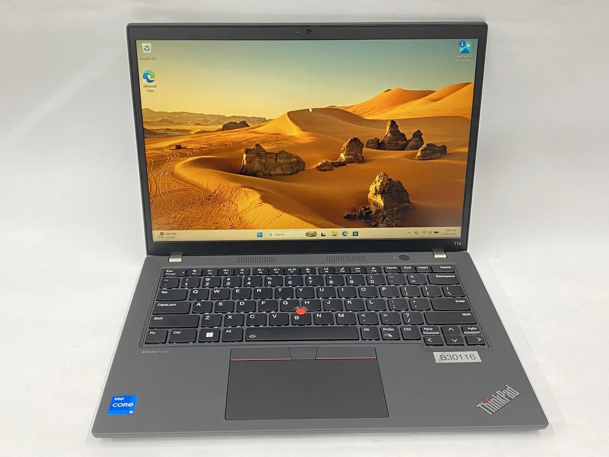 Silver 14 inch Lenovo T14 laptop closed on flat surface