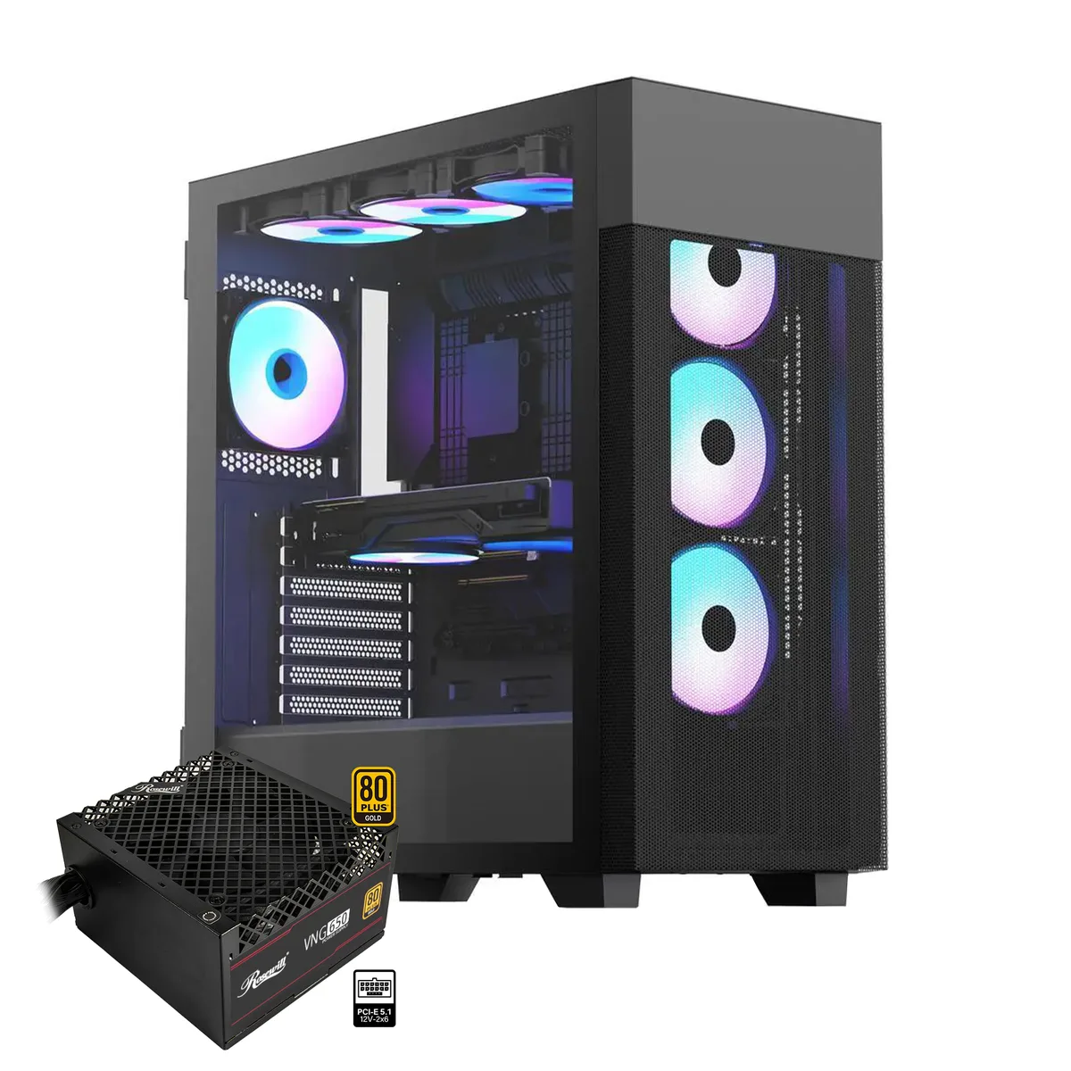 Black ATX mid-tower case with hinged tempered glass side panel and four pre-installed ARGB fans