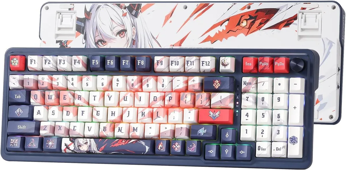 Dark blue 98-key wireless gaming keyboard with dye-sub PBT keycaps and rotary knob