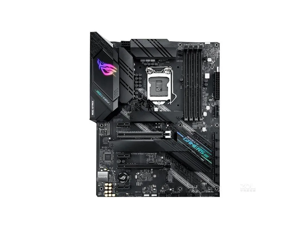 ATX motherboard, black PCB with silver heatsinks and RGB lighting