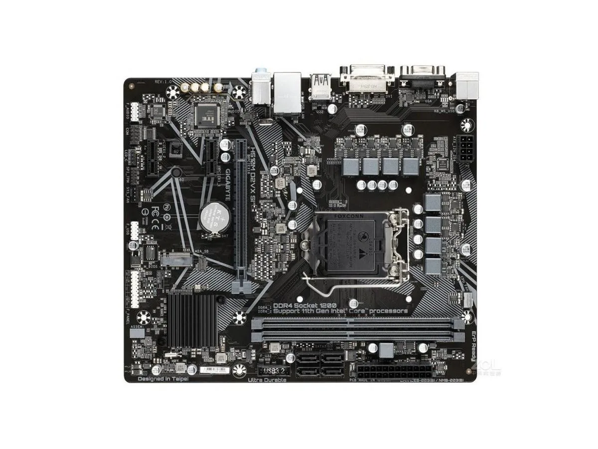 Green Micro ATX board with silver CPU socket, two black RAM slots, one long PCIe x16 slot, two short PCIe x1 slots, four SATA ports