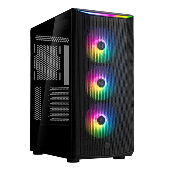 Black mid-tower PC case with mesh front panel, ARGB light bar and tempered glass side window