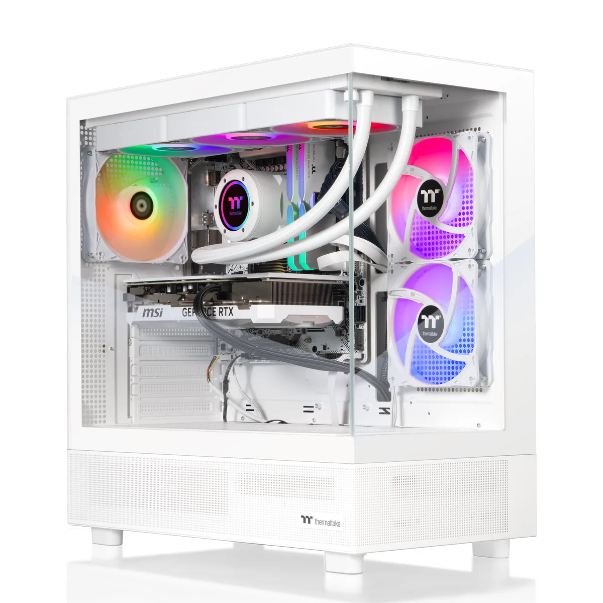 White mid-tower gaming PC with ARGB liquid cooling visible through glass side panel
