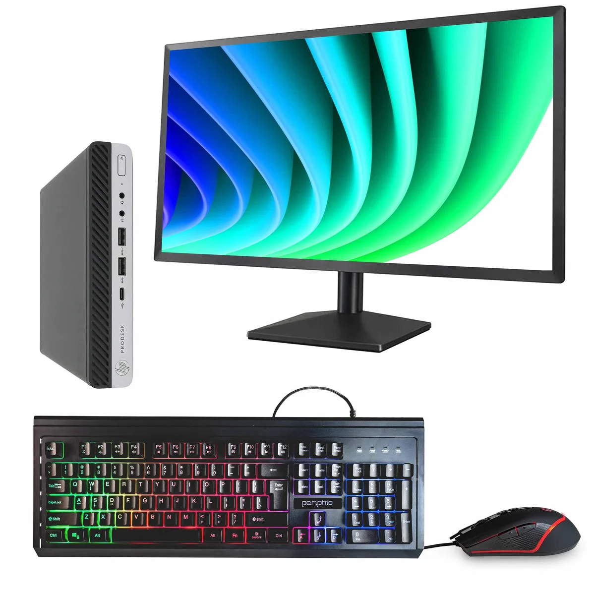 Black and silver HP ProDesk 600 G4 Mini PC with 24-inch monitor
