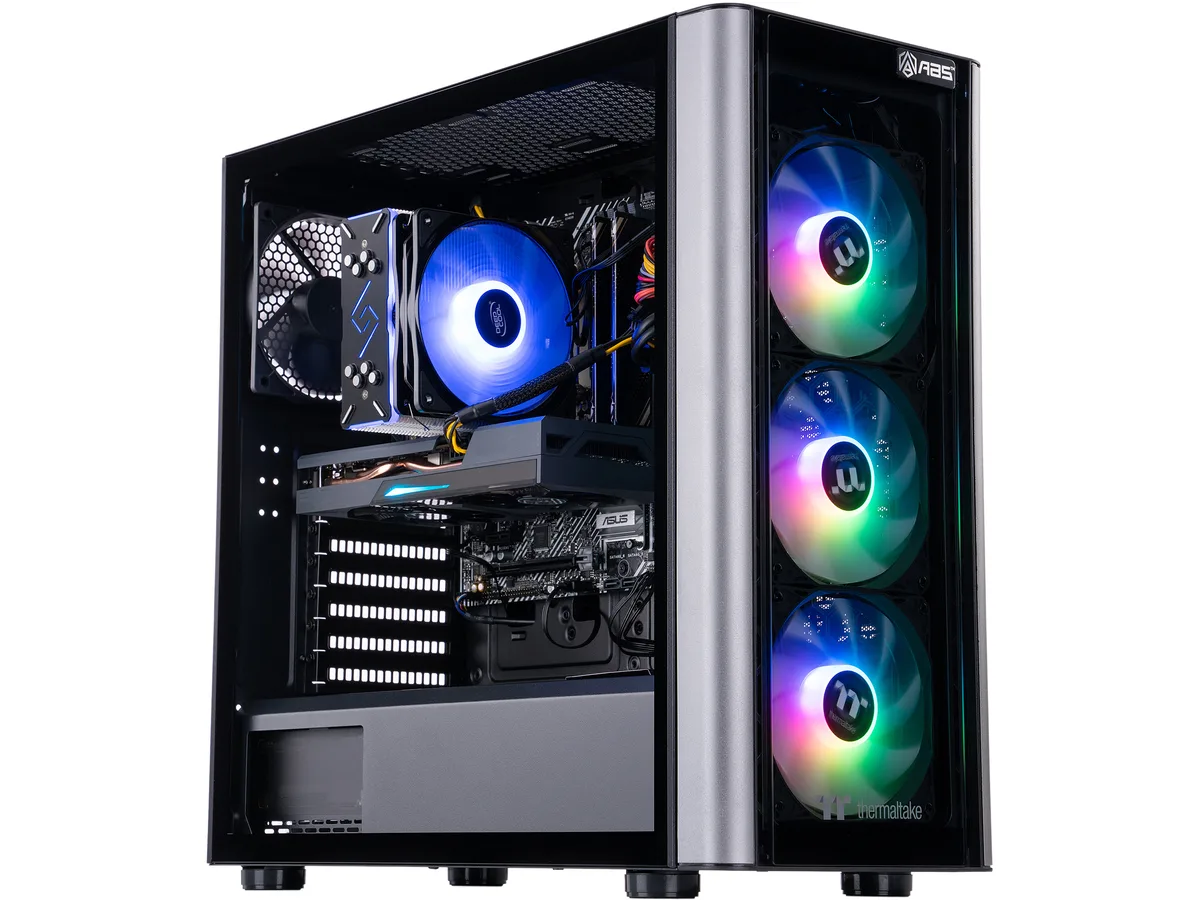 Black mid-tower gaming PC with tempered glass side panel and ARGB lighting