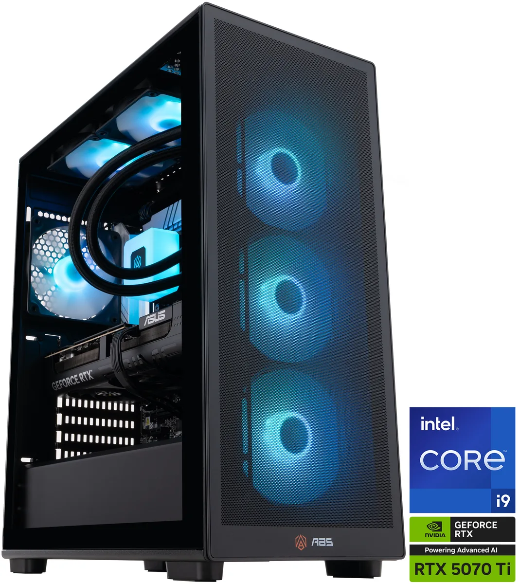 Black ABS Stratos II MX220 gaming tower with 360 mm AIO cooler and RGB memory visible through side panel