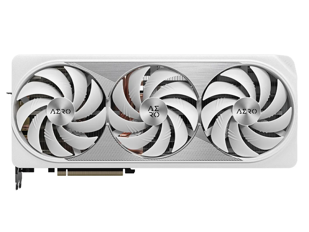 Silver triple-fan graphics card with angular shroud, three DisplayPort and one HDMI port visible