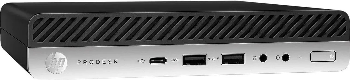 Small black rectangular mini PC with front ports