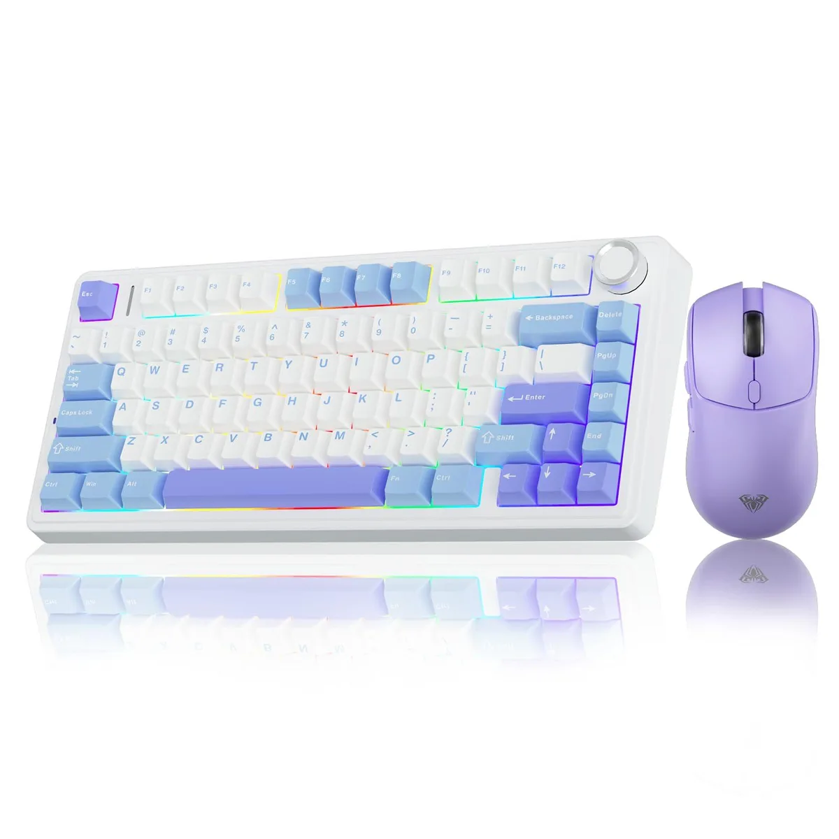Light purple 75 percent mechanical keyboard and matching ambidextrous mouse side by side