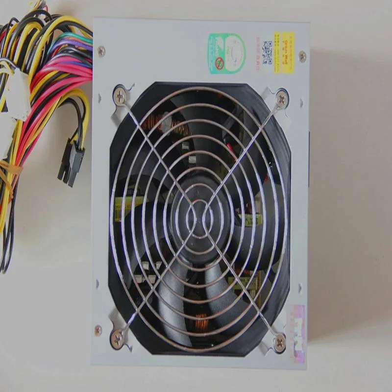 Rectangular ATX power supply unit with matte black finish and visible cooling fan grille