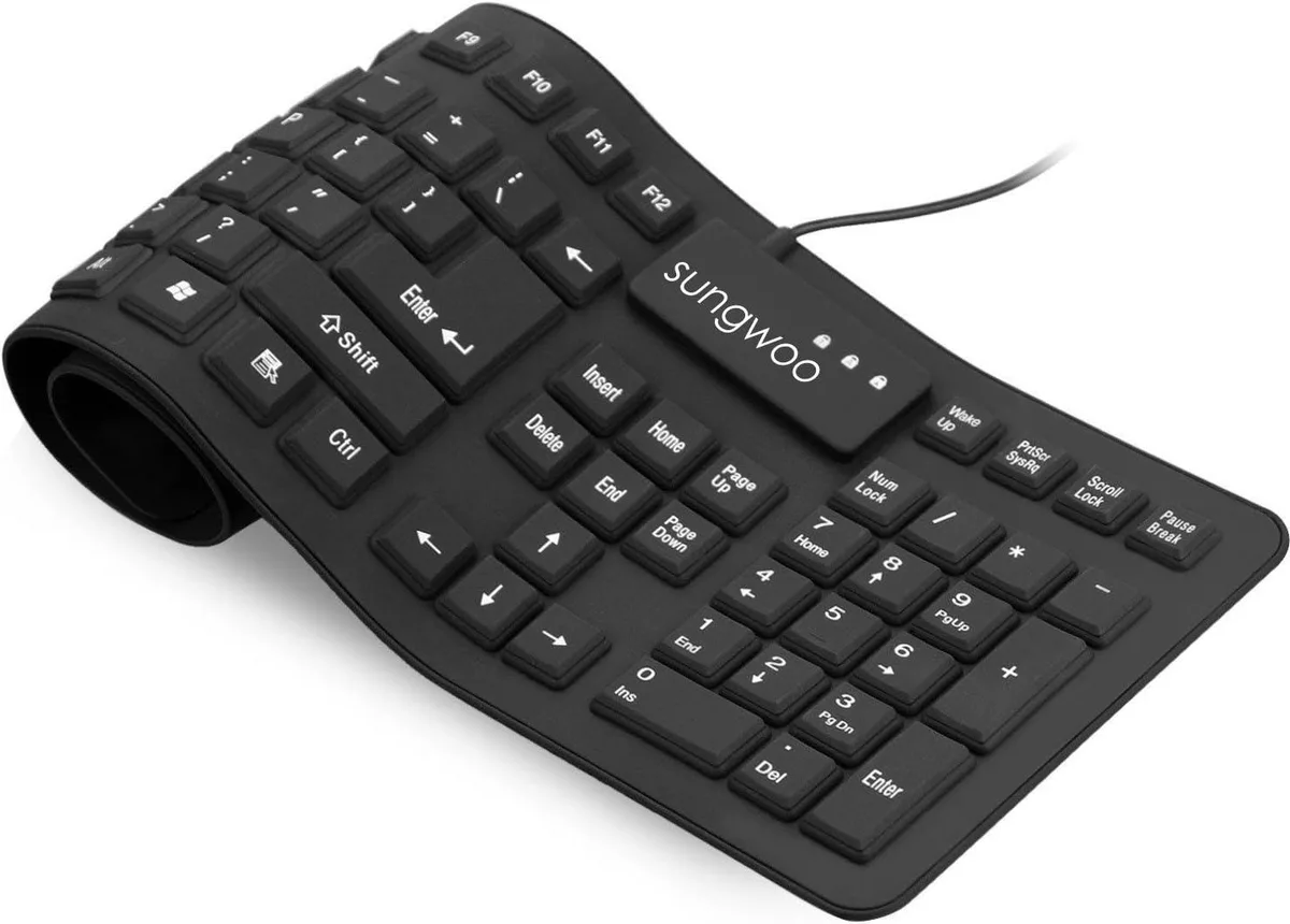 Black flexible silicone roll-up keyboard full size 17.5 inch USB wired waterproof