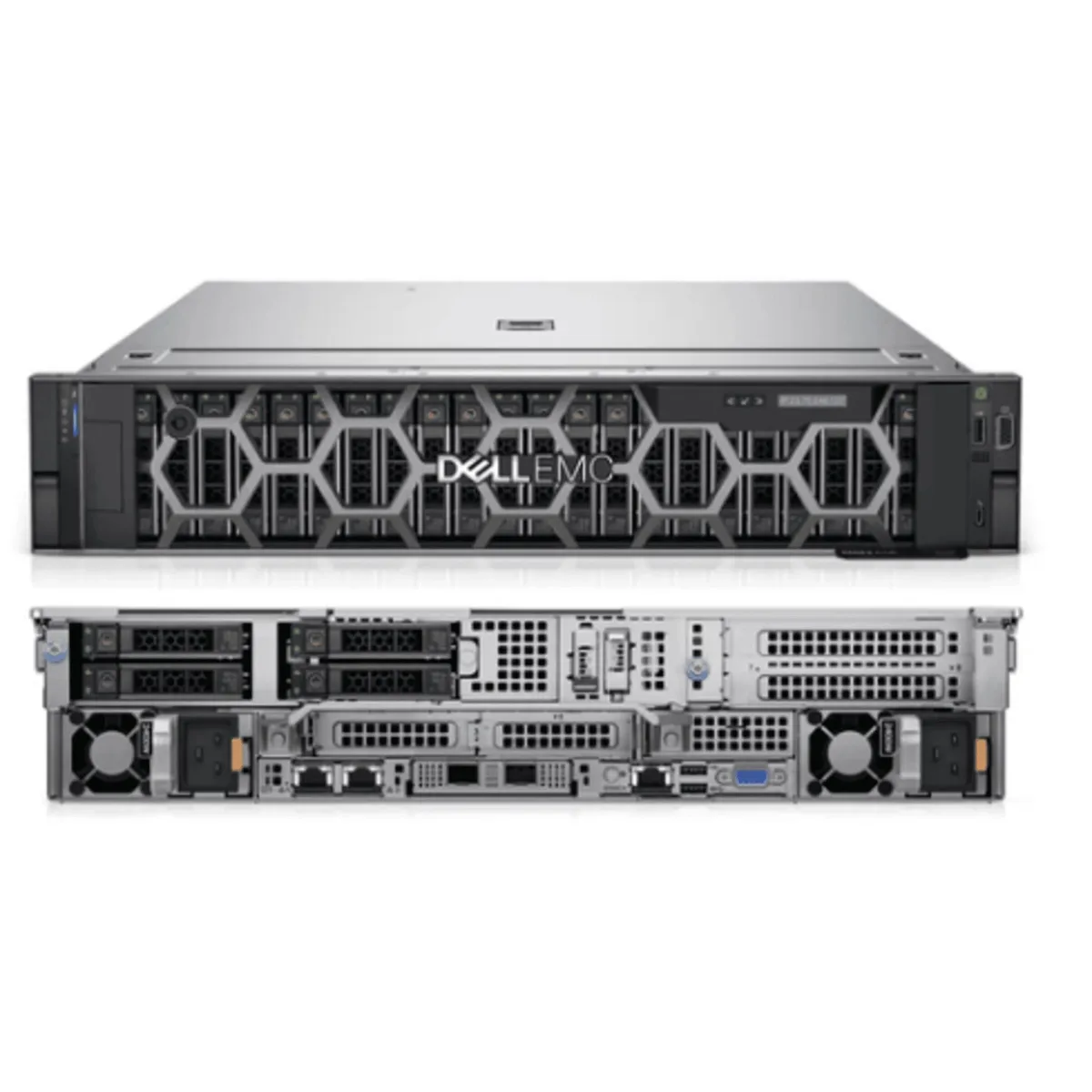 Silver rack server front with four 3.5 inch drive bays and Dell badge