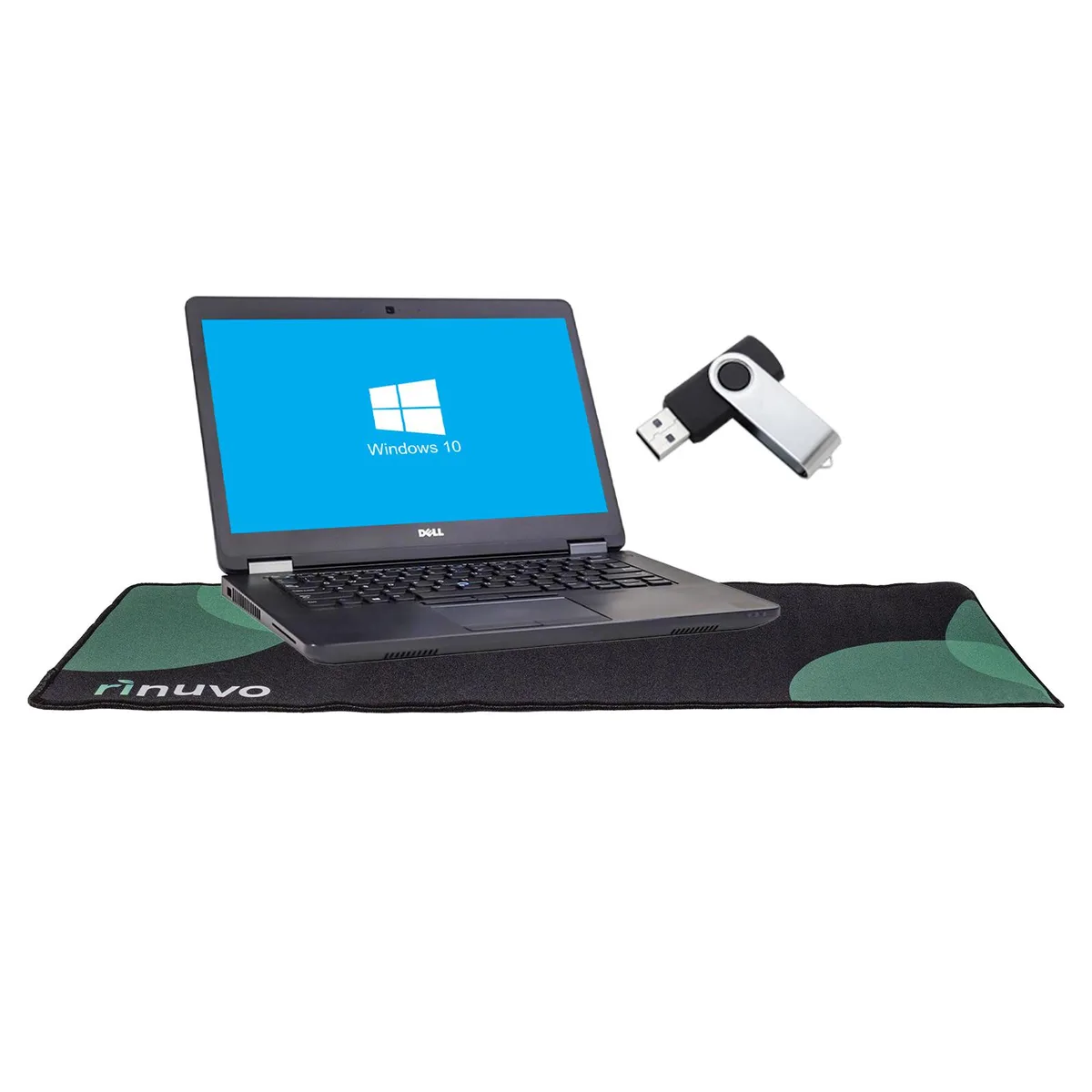 Black Dell Latitude E5470 laptop with 14 inch screen, deskmat and flash drive