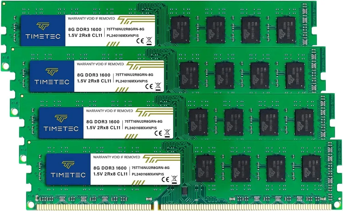 Four green DDR3 memory modules with 240 pins