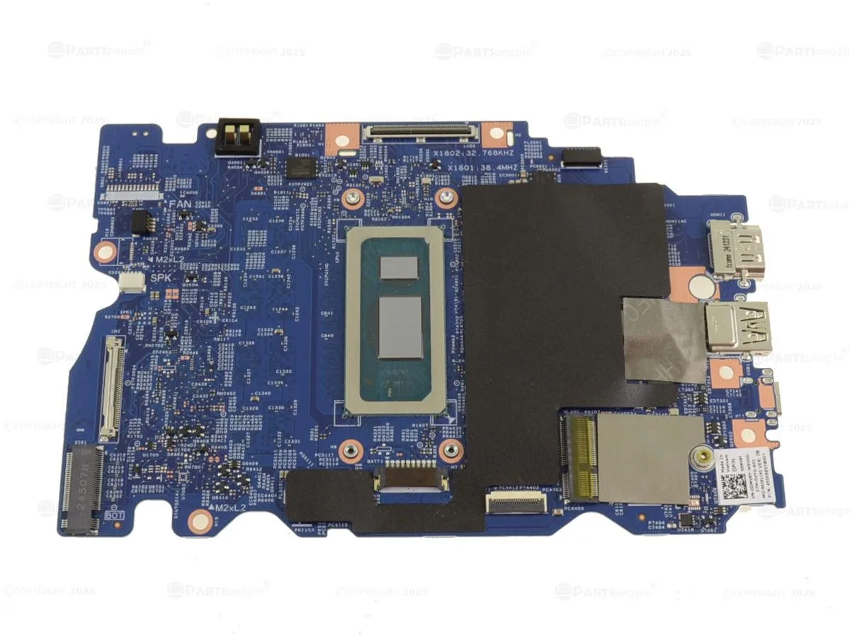 Green Dell laptop motherboard with silver CPU socket and black RAM chips