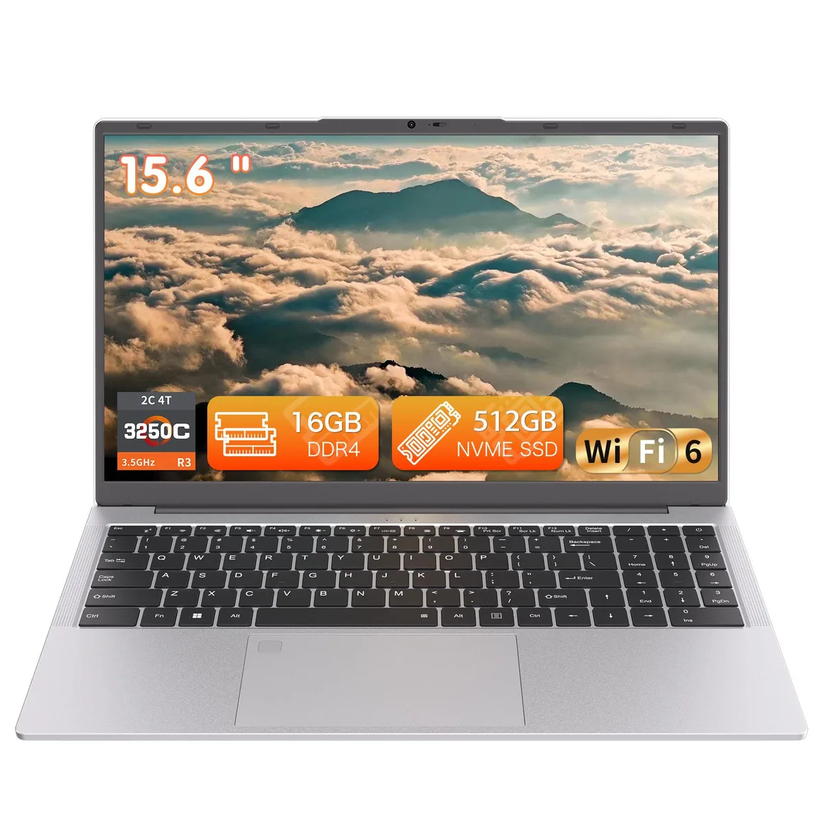 Silver 15.6 inch laptop with non-touch screen and backlit keyboard