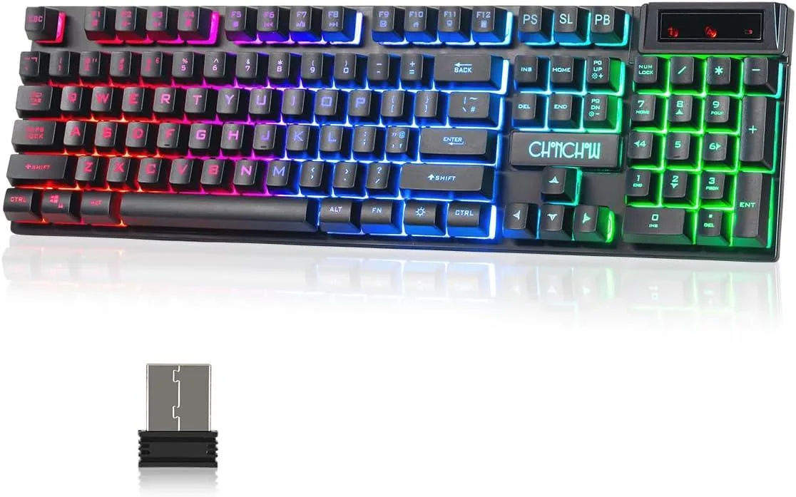 Black full-size wireless gaming keyboard with rainbow LED backlighting