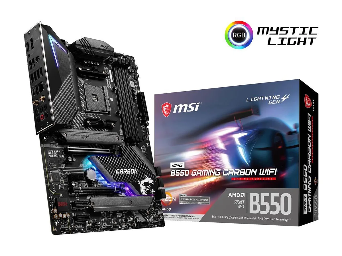 ATX motherboard with black carbon-fibre finish and silver heatsinks
