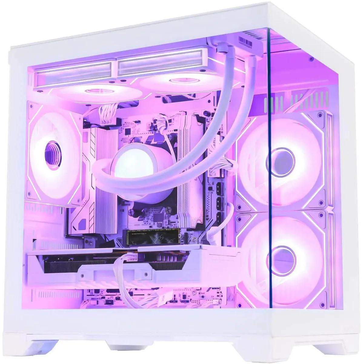 White desktop tower with 240mm liquid cooler and ARGB lighting
