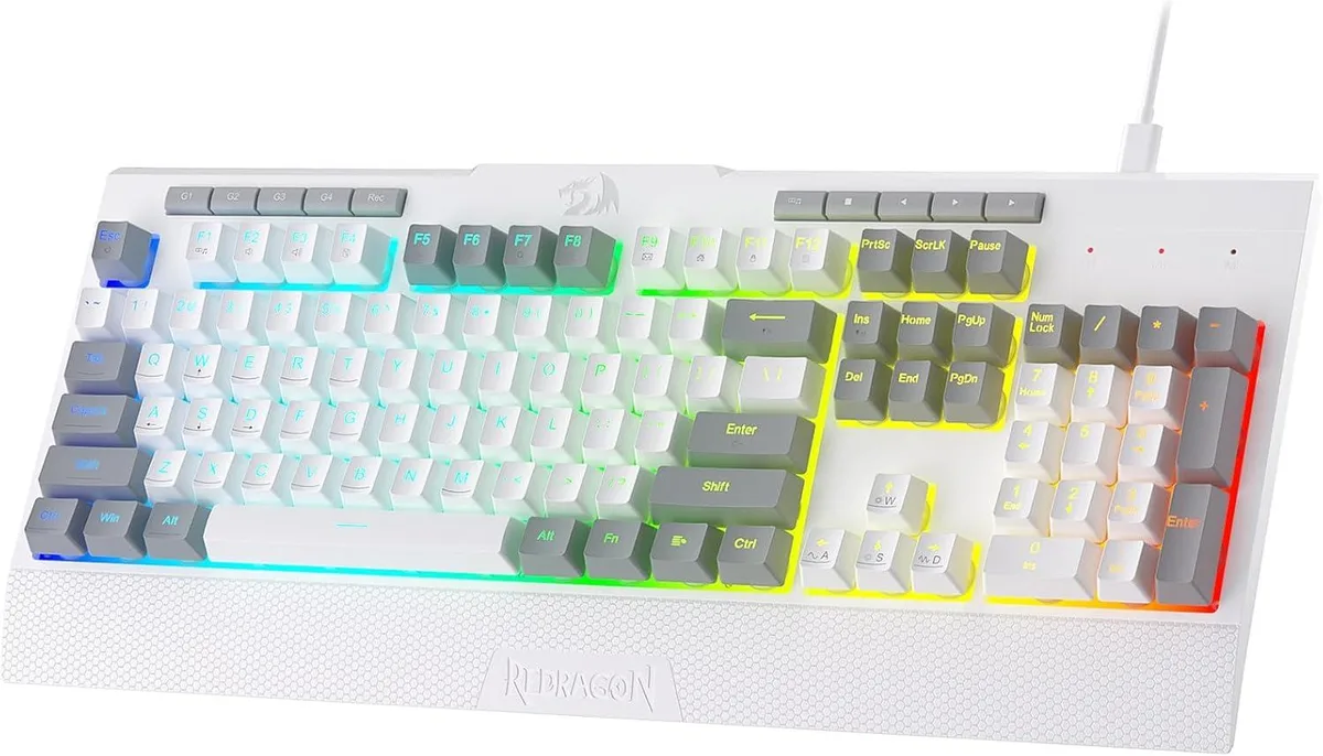 Redragon K525 full-size wired membrane gaming keyboard with RGB backlight, 104 keys, dedicated media controls