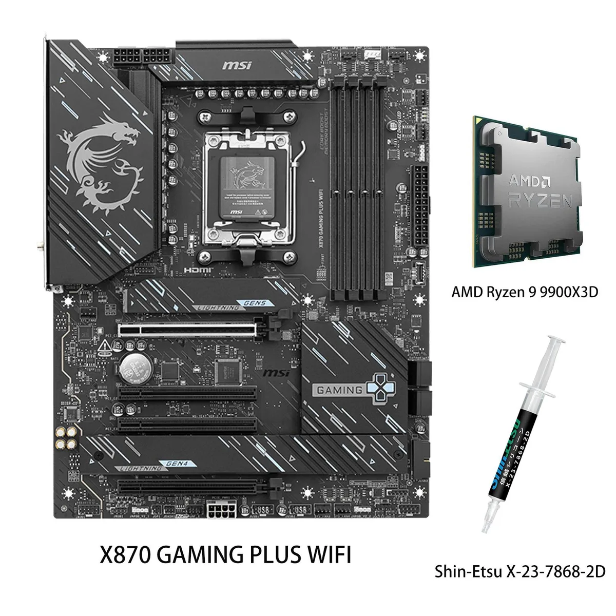 MSI X870 motherboard with Ryzen 9 9900X3D CPU, black PCB, silver heatsinks, four DDR5 slots, three M.2 shields