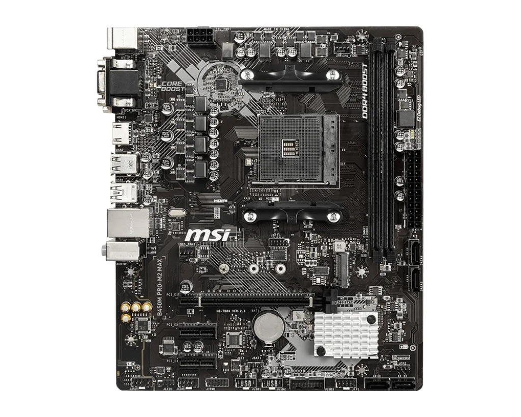 Green Micro-ATX board with black slots and silver heatsinks