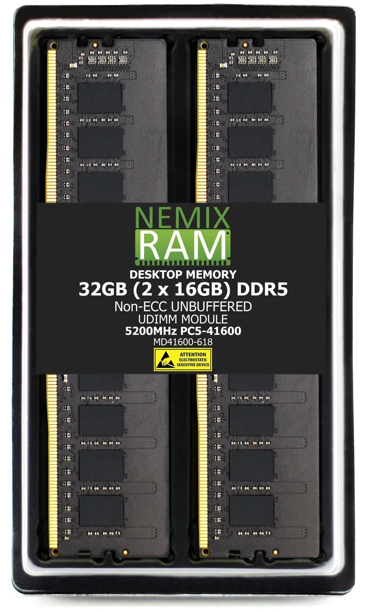 Two green DDR5 UDIMM sticks with black heat spreaders