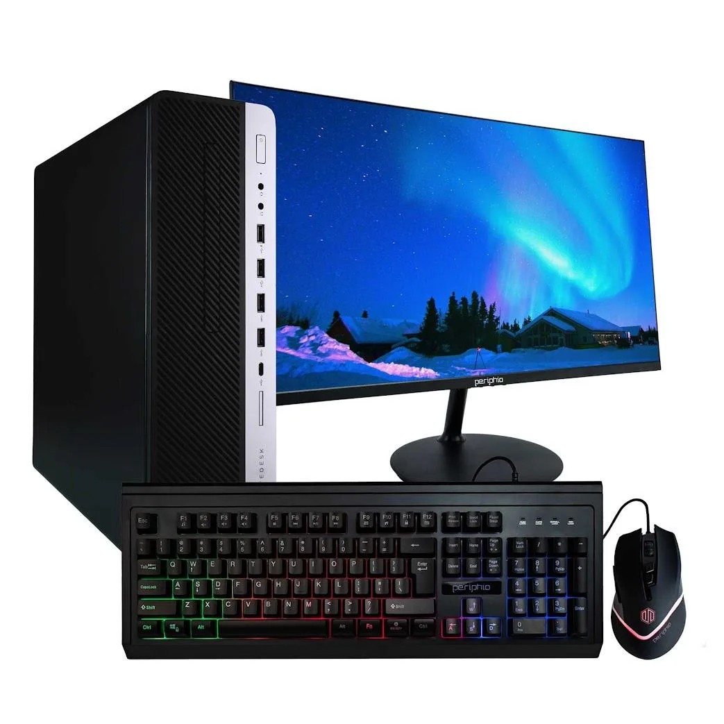 HP EliteDesk 800G4 desktop tower in black with 24 inch monitor